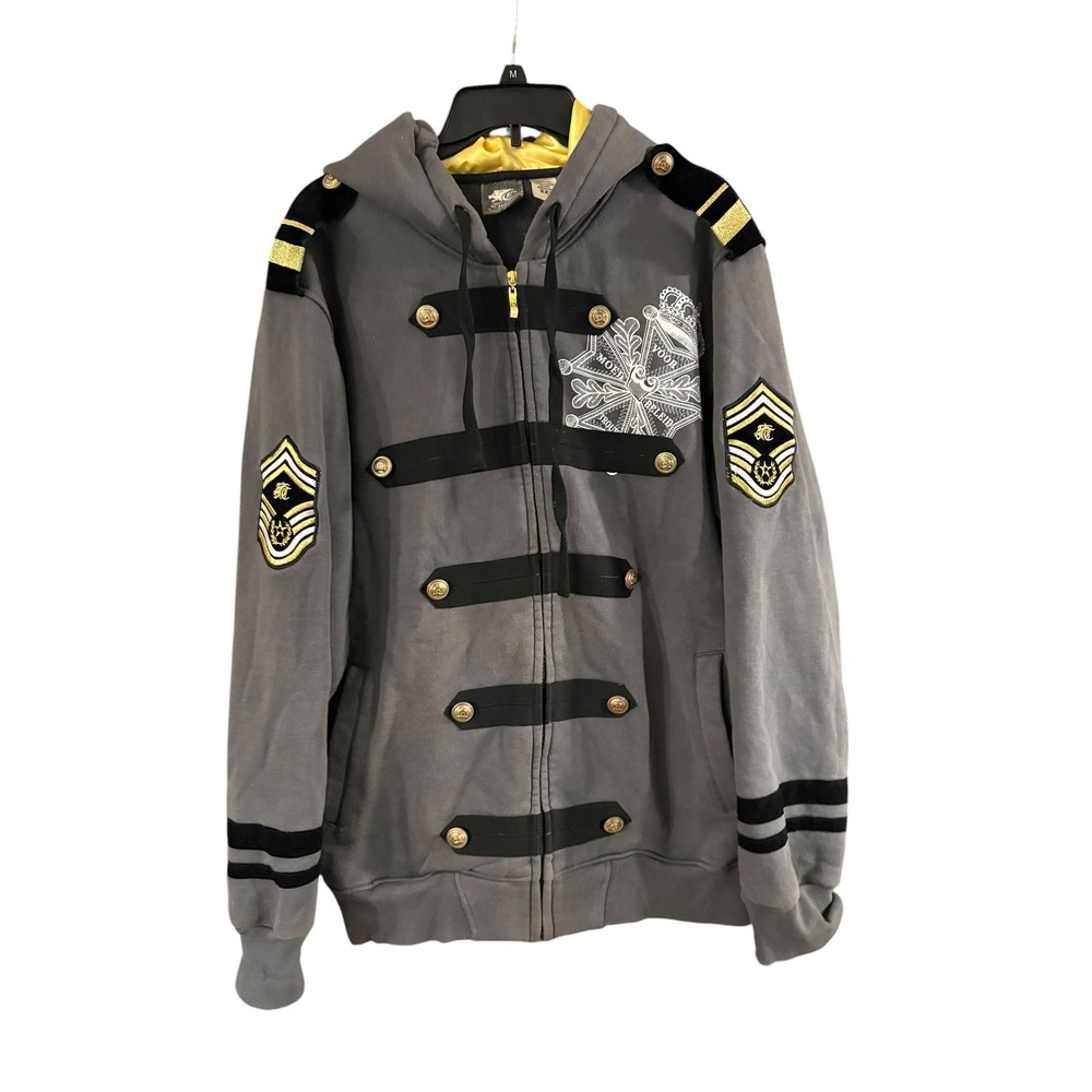 Clench Mens Military Full Zip Hoodie Grey Black Gold Button Embroidered 2XL